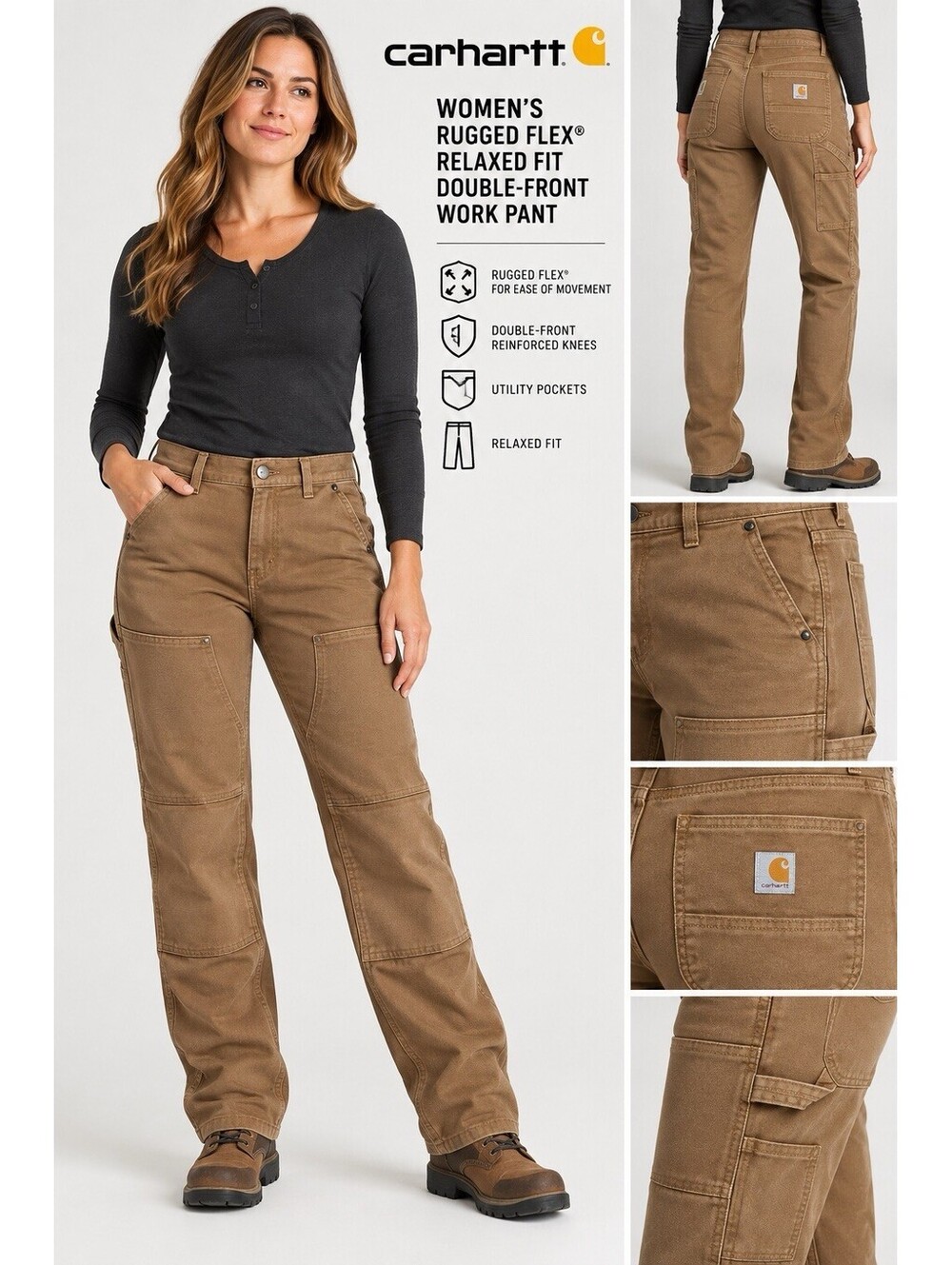 Carhartt Women’s 6 Tall Rugged Flex Double Front Work Pants Brown BN4296-W NWT
